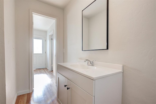 bathroom with vanity and wood-type flooring