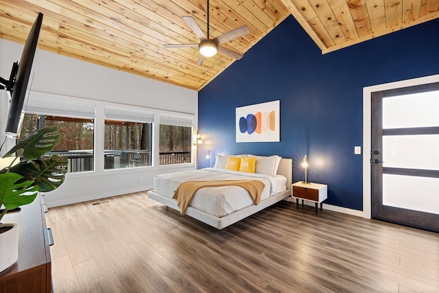 bedroom featuring hardwood / wood-style flooring, ceiling fan, wooden ceiling, and high vaulted ceiling