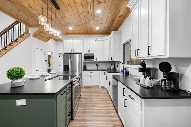 kitchen with wood ceiling, white cabinetry, pendant lighting, and stainless steel appliances