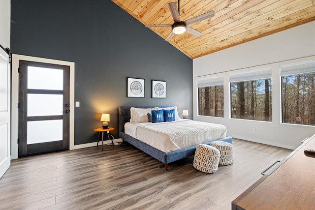 bedroom with hardwood / wood-style floors, ceiling fan, wooden ceiling, and multiple windows