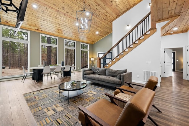 living room featuring hardwood / wood-style flooring, high vaulted ceiling, wooden ceiling, and a notable chandelier