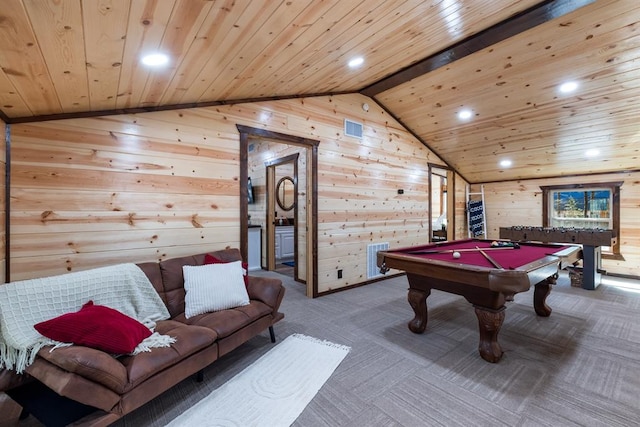 recreation room with wooden walls, vaulted ceiling with beams, wood ceiling, and pool table