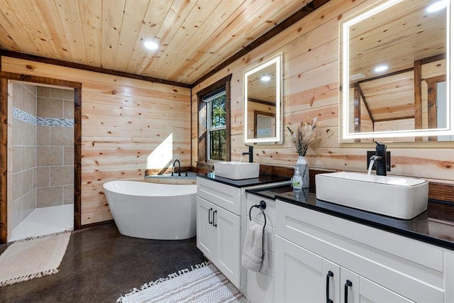 bathroom featuring wooden ceiling, a tub to relax in, wood walls, concrete floors, and vanity