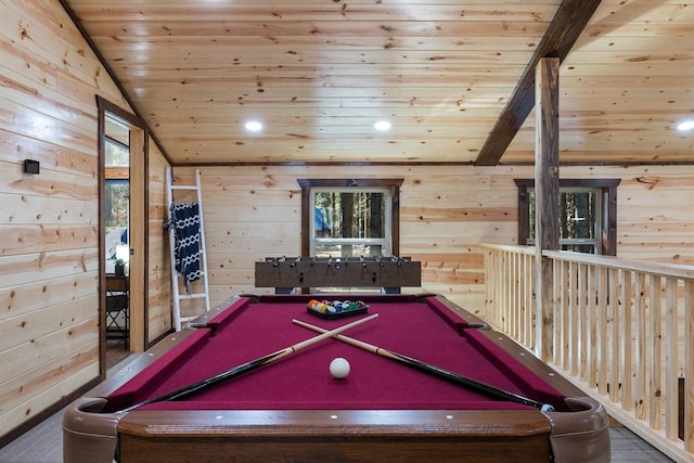 playroom with wooden walls, lofted ceiling, wood ceiling, and billiards