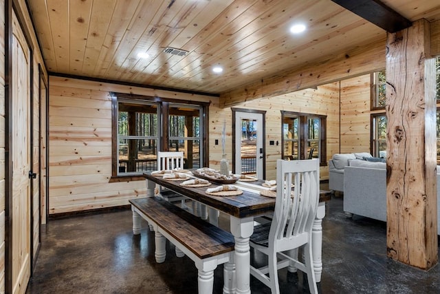 dining room with wooden walls and wood ceiling