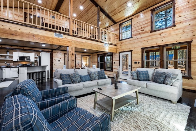 living room with dark hardwood / wood-style flooring, high vaulted ceiling, wooden walls, and wood ceiling