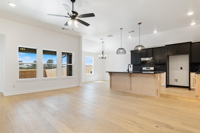 kitchen with light hardwood / wood-style flooring, an island with sink, a healthy amount of sunlight, and sink