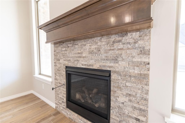 details featuring wood-type flooring and a fireplace