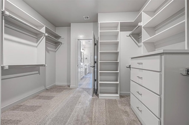 spacious closet featuring light carpet