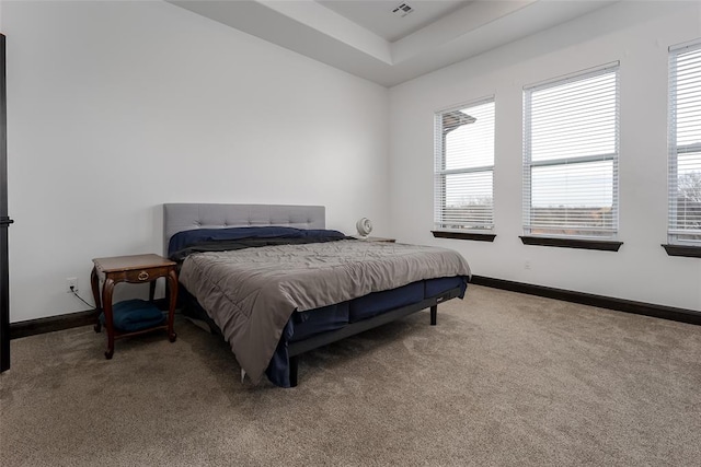 carpeted bedroom featuring a tray ceiling