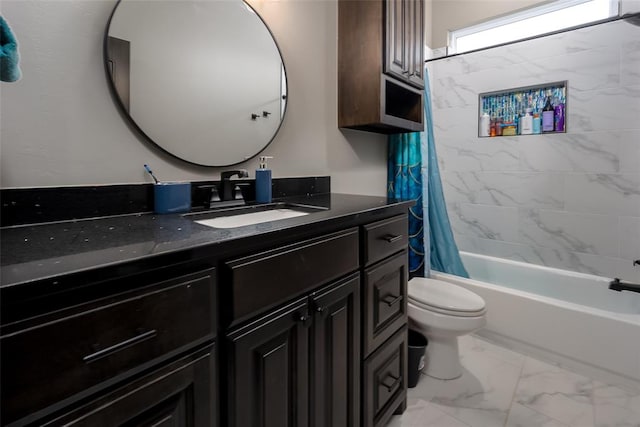 full bathroom featuring vanity, toilet, and shower / bathtub combination with curtain