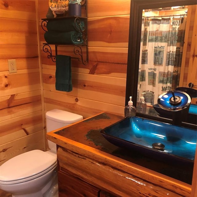 bathroom featuring vanity, toilet, and wooden walls