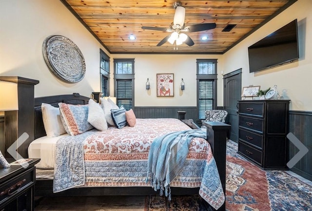 bedroom featuring ceiling fan, crown molding, wood ceiling, and wood walls