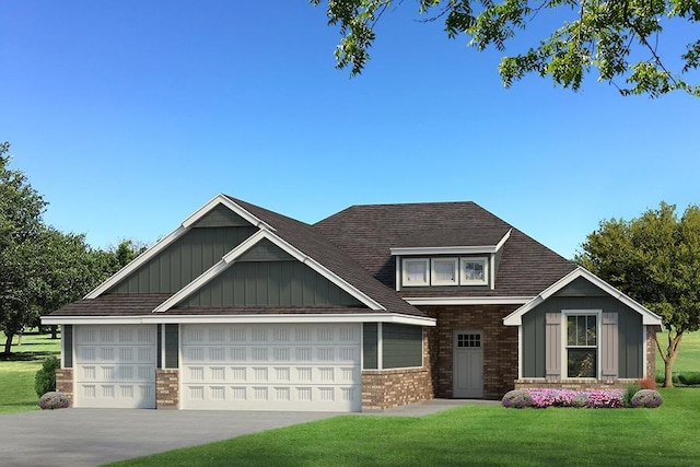 craftsman inspired home featuring a garage and a front lawn