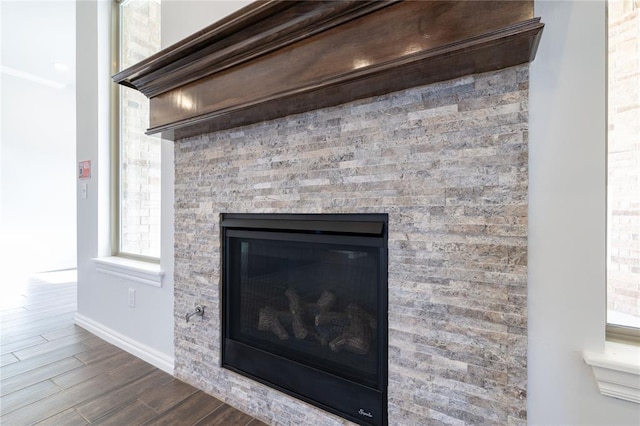 room details with a fireplace and hardwood / wood-style floors