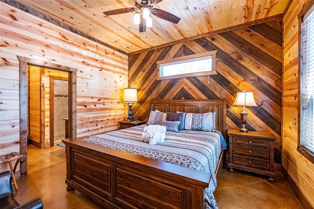 tiled bedroom with wooden walls, wooden ceiling, and ceiling fan