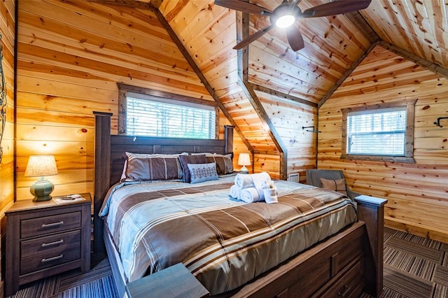 bedroom featuring ceiling fan, wooden ceiling, multiple windows, and wood walls