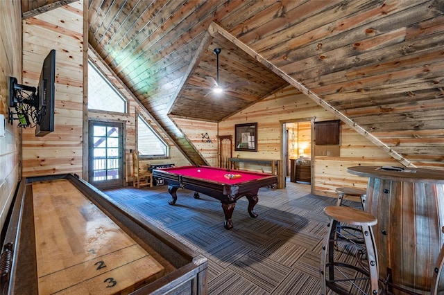 playroom featuring lofted ceiling, pool table, wooden ceiling, and wood walls