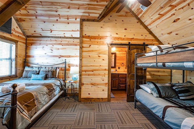 bedroom with vaulted ceiling and wood walls