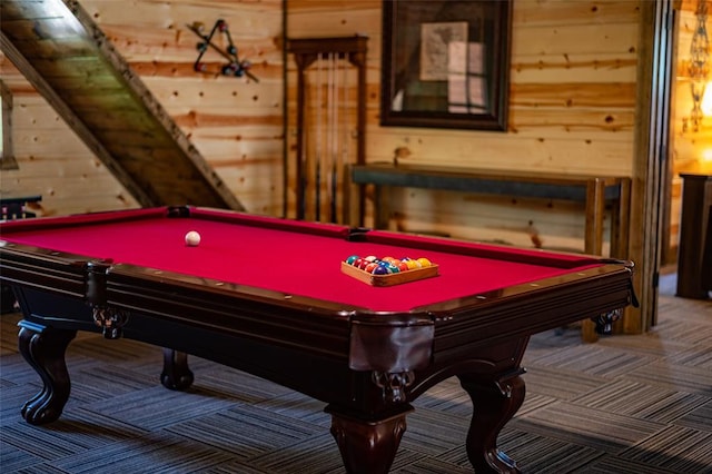 playroom featuring pool table and wood walls