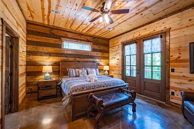 bedroom with wooden ceiling, french doors, ceiling fan, and wood walls