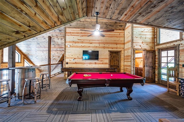 rec room featuring pool table, wooden ceiling, high vaulted ceiling, and wood walls