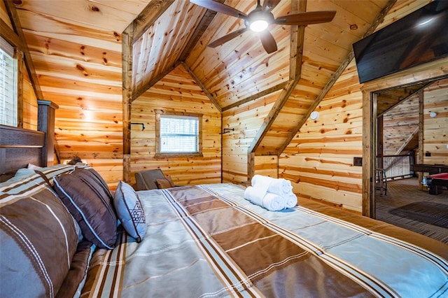 unfurnished bedroom featuring lofted ceiling, wood ceiling, rustic walls, ceiling fan, and wooden walls