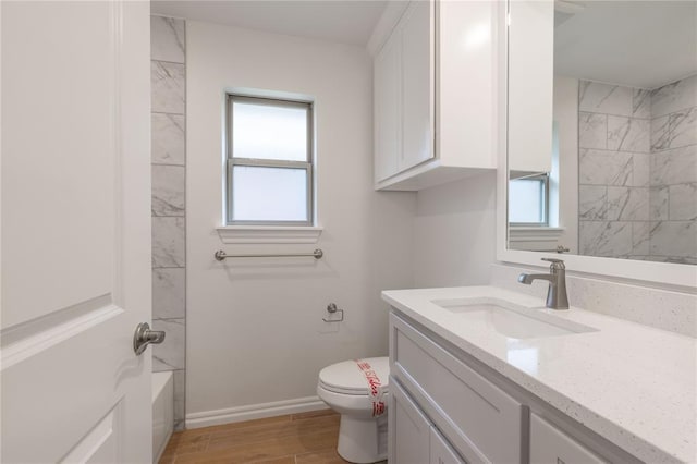 full bathroom featuring toilet, plenty of natural light, vanity, and hardwood / wood-style flooring