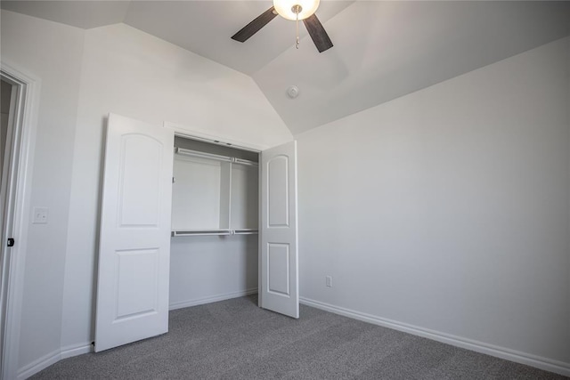 8800 Tyrion Dr, Edmond, OK 73007 - unfurnished bedroom featuring lofted ceiling, carpet flooring, a ceiling fan, and a closet