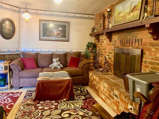 carpeted living room with a fireplace