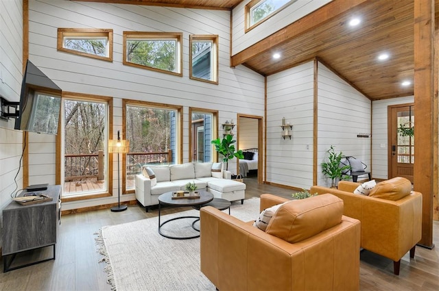 sunroom / solarium featuring lofted ceiling and wood ceiling