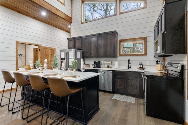 kitchen with appliances with stainless steel finishes, plenty of natural light, a center island, and high vaulted ceiling