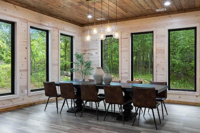 dining area featuring hardwood / wood-style floors, wooden ceiling, and wood walls