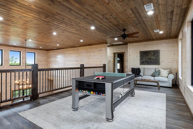 game room featuring dark hardwood / wood-style flooring, ceiling fan, wooden walls, and wood ceiling