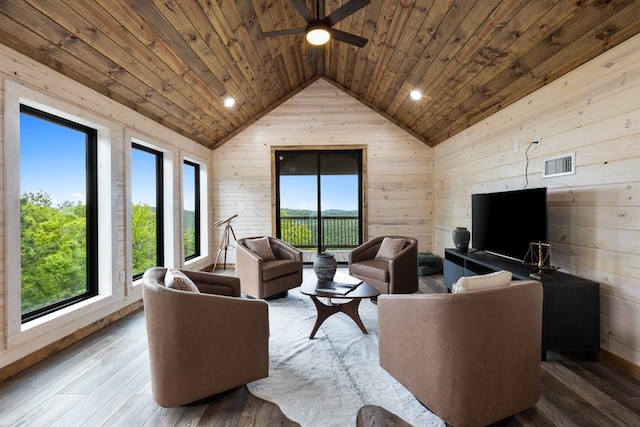 living room with ceiling fan, wood-type flooring, wooden ceiling, lofted ceiling, and wood walls