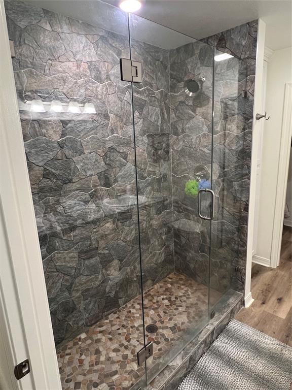 bathroom with walk in shower and hardwood / wood-style flooring