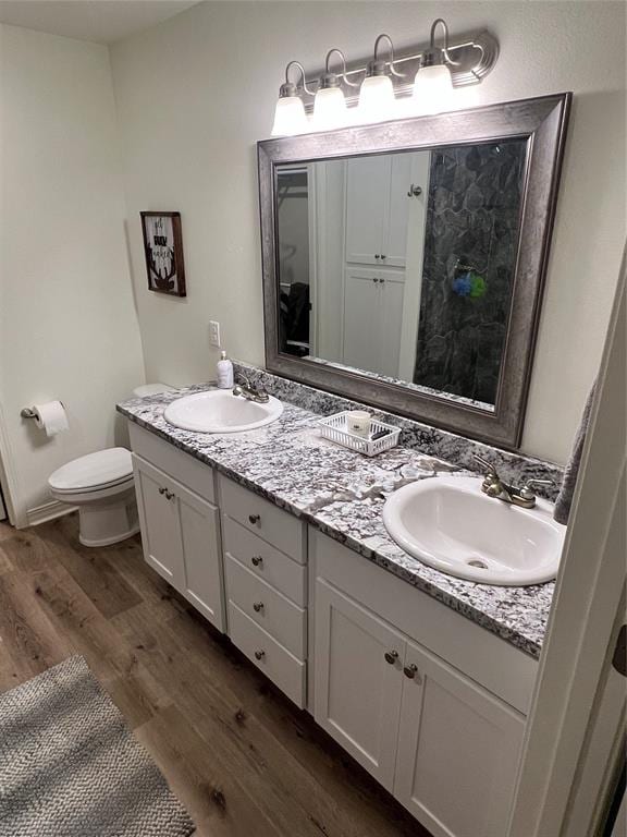 bathroom featuring hardwood / wood-style flooring, vanity, and toilet