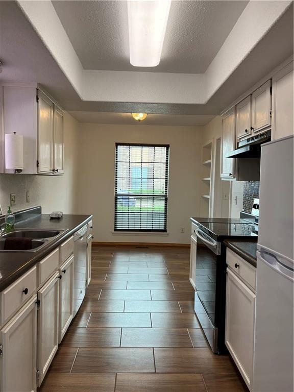 kitchen featuring white cabinets, sink, stainless steel appliances, and a tray ceiling