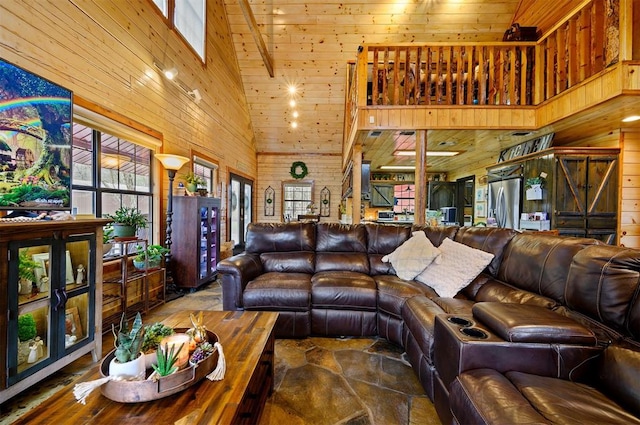 living room featuring beam ceiling, wooden walls, high vaulted ceiling, and wooden ceiling