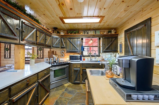 kitchen featuring wooden ceiling, dark brown cabinets, stainless steel appliances, and wooden walls