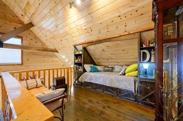 bedroom featuring wood walls, wooden ceiling, dark wood-type flooring, and vaulted ceiling