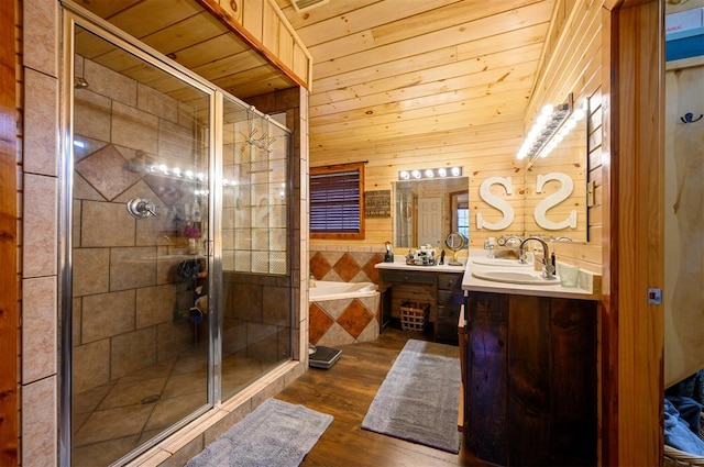 bathroom featuring an enclosed shower, wood ceiling, vanity, wooden walls, and wood-type flooring