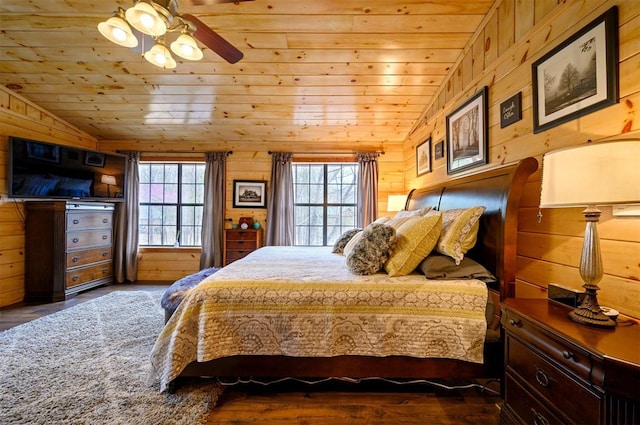 bedroom with wood walls, ceiling fan, wood-type flooring, and lofted ceiling