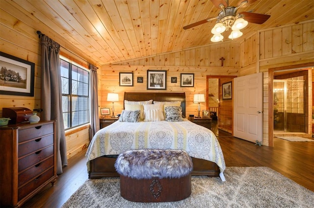 bedroom with wood walls, lofted ceiling, dark wood-type flooring, and wood ceiling