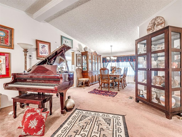 miscellaneous room featuring carpet, a textured ceiling, plenty of natural light, and a notable chandelier