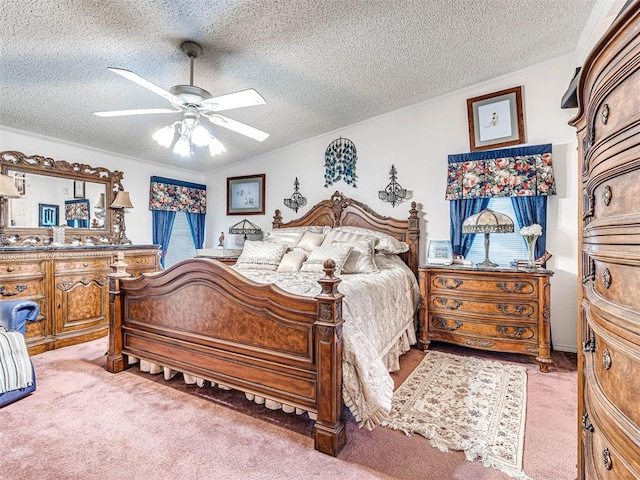 bedroom with carpet flooring, ceiling fan, and a textured ceiling