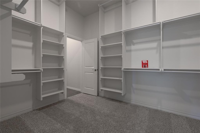 walk in closet featuring dark carpet