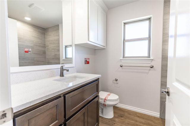 bathroom featuring hardwood / wood-style flooring, vanity, and toilet