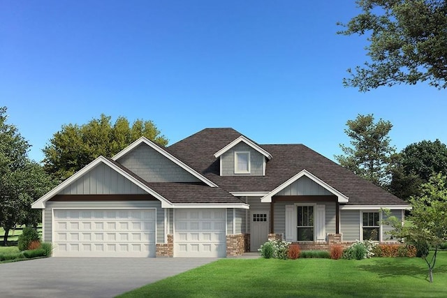 craftsman inspired home featuring a garage and a front yard