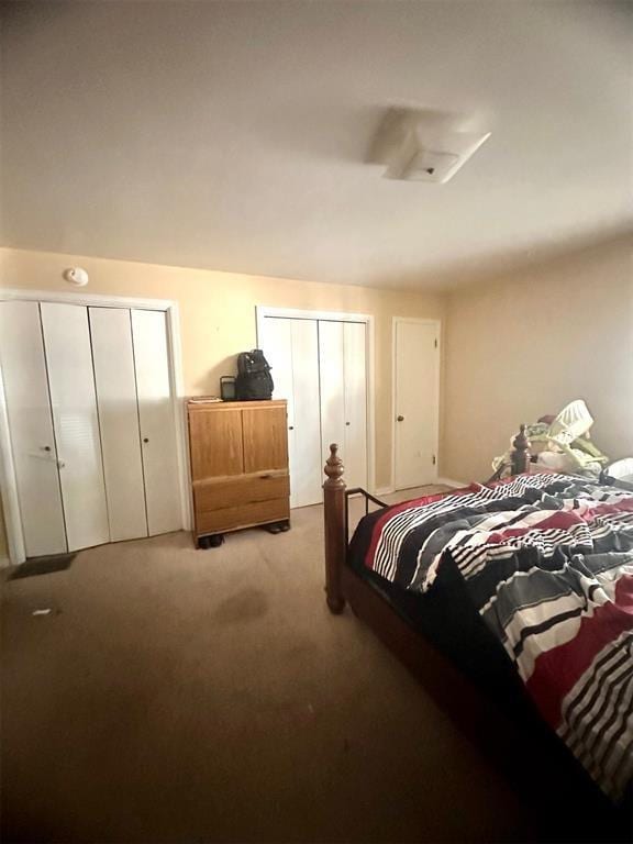 carpeted bedroom featuring multiple closets